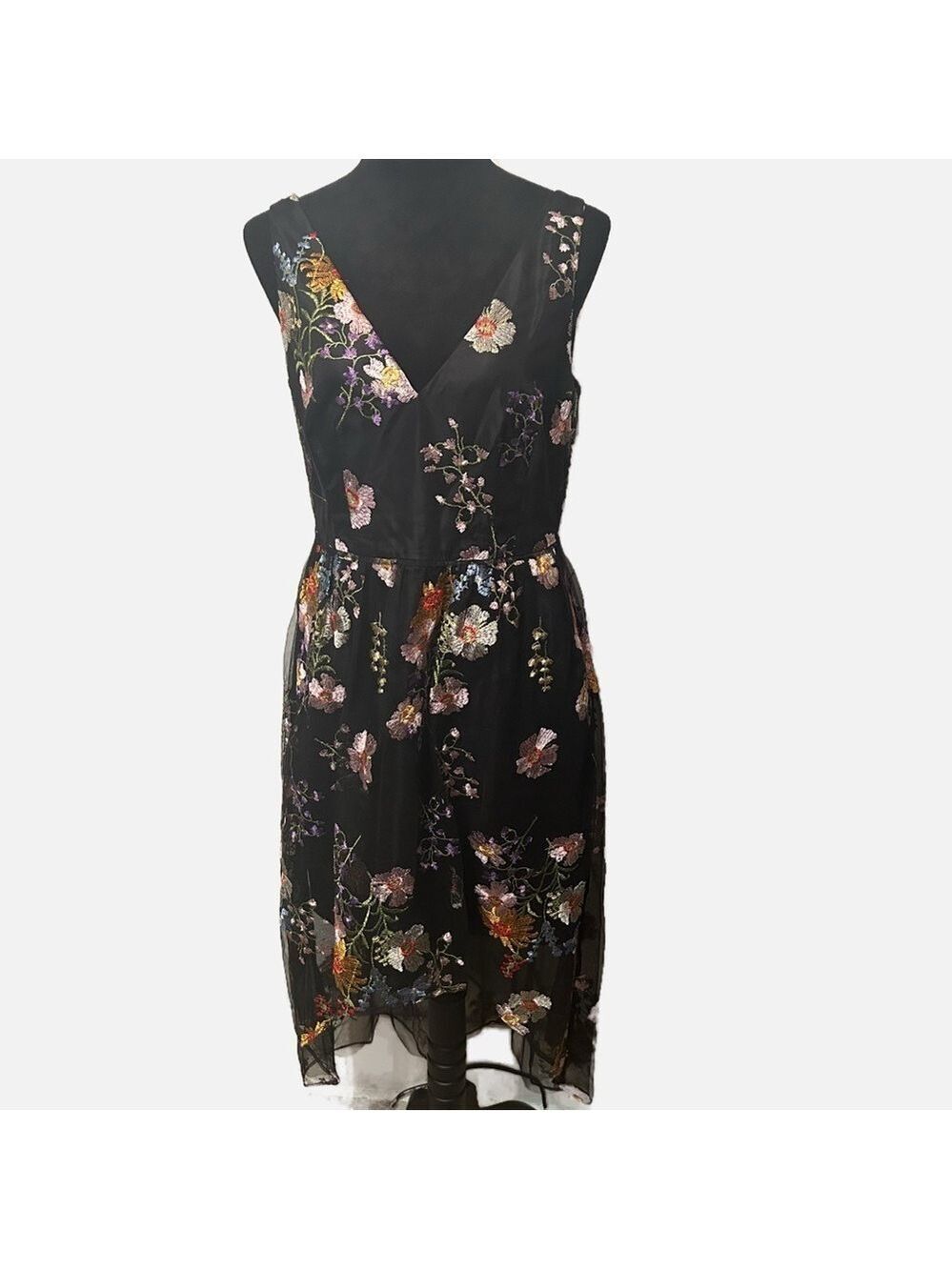 Adrianna Papell High Low Embroidered Gown Dress Floral V Neck Pockets Lined